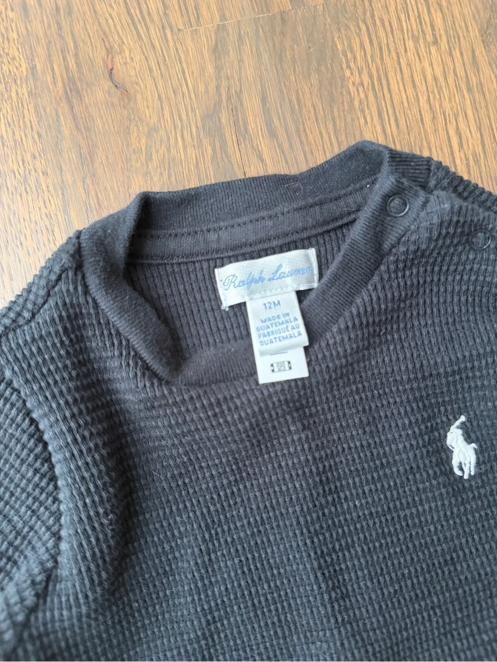 Ralph Lauren Black Waffle Knit Long-Sleeve Tee with White Logo